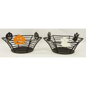 2 Metal Halloween Candle Holders Spider Web Style 6" by 2" Ghosts Jack o Laterns